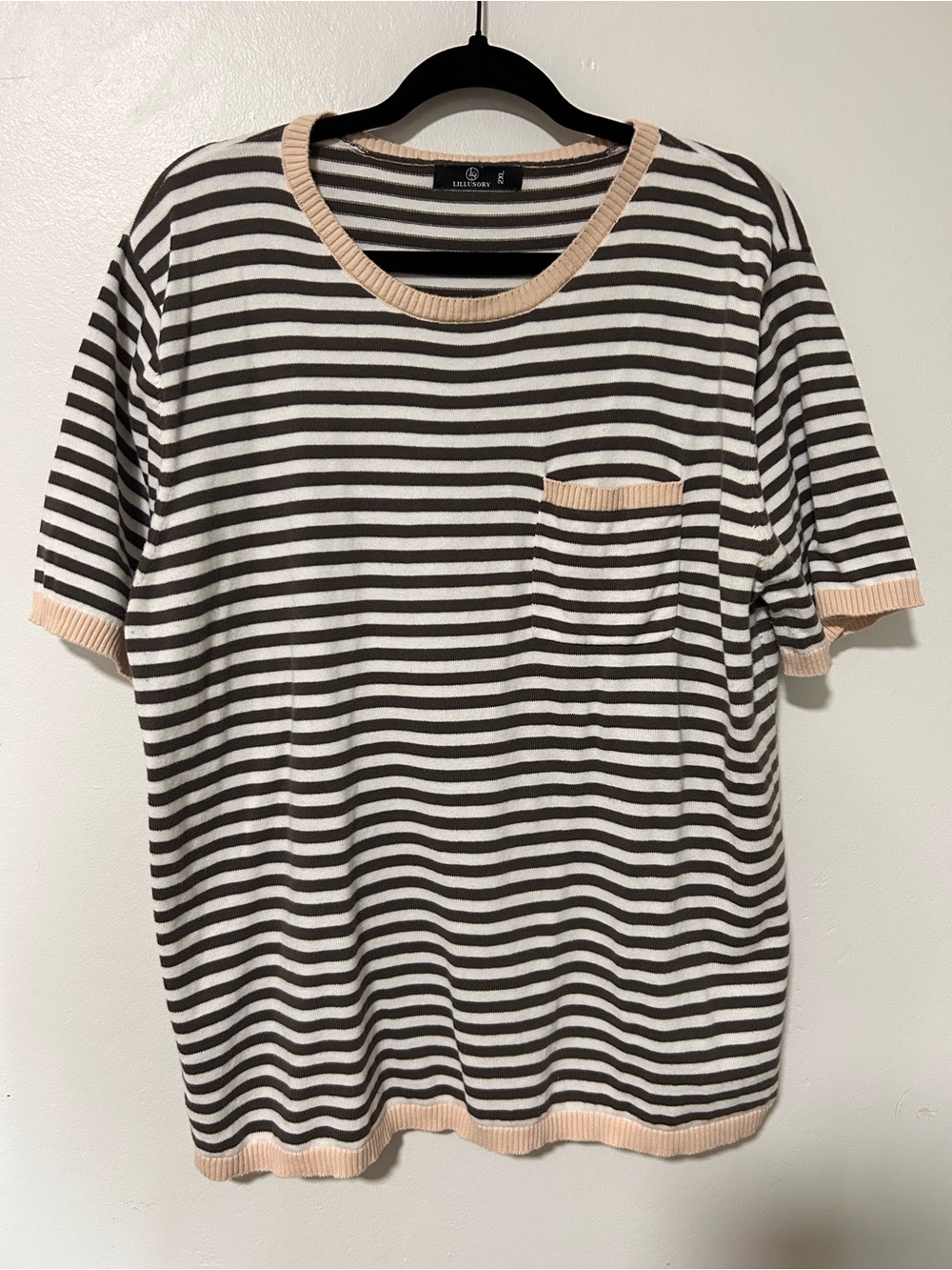 Striped Short-Sleeve Top in Black and Cream with Peach Trim